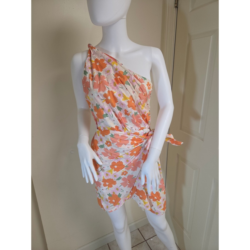 One and Only Collective Floral One Shoulder Wrap‎ Mini Dress Orange Pink L